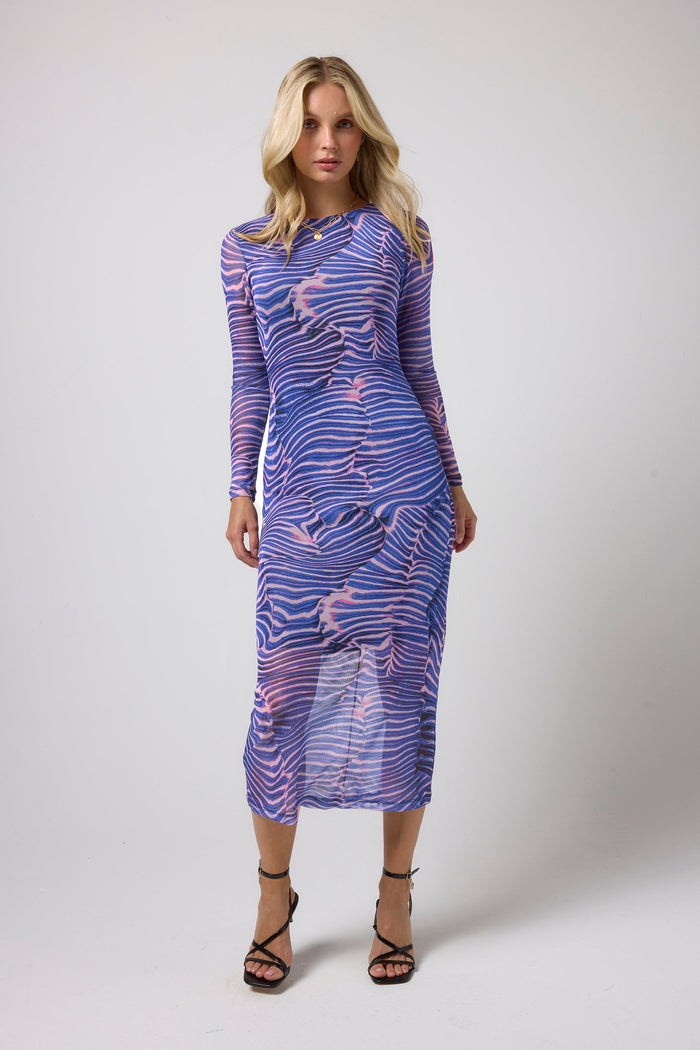 Blue and pink abstract print mesh dress.