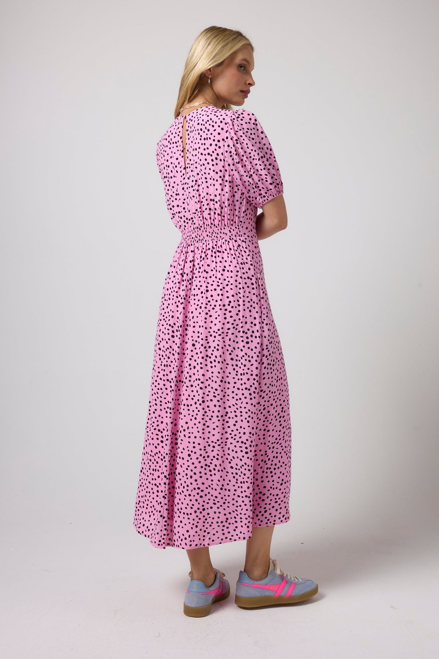 Pink with Black Cheetah Spot Curved Waist Midi Dress