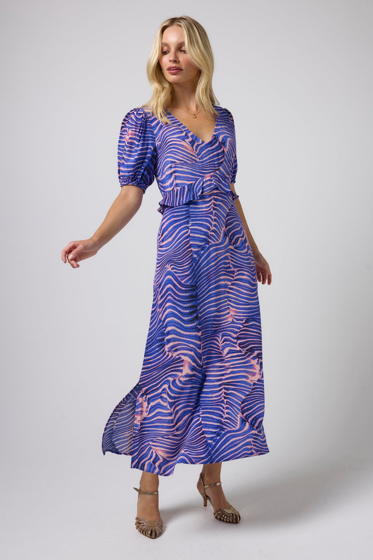 Blue and pink midi dress with abstract pattern and puff sleeves.