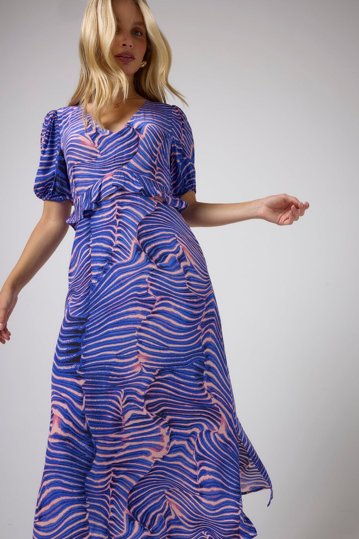 Blue Tiger Moth Ruffle Waist Midi Dress