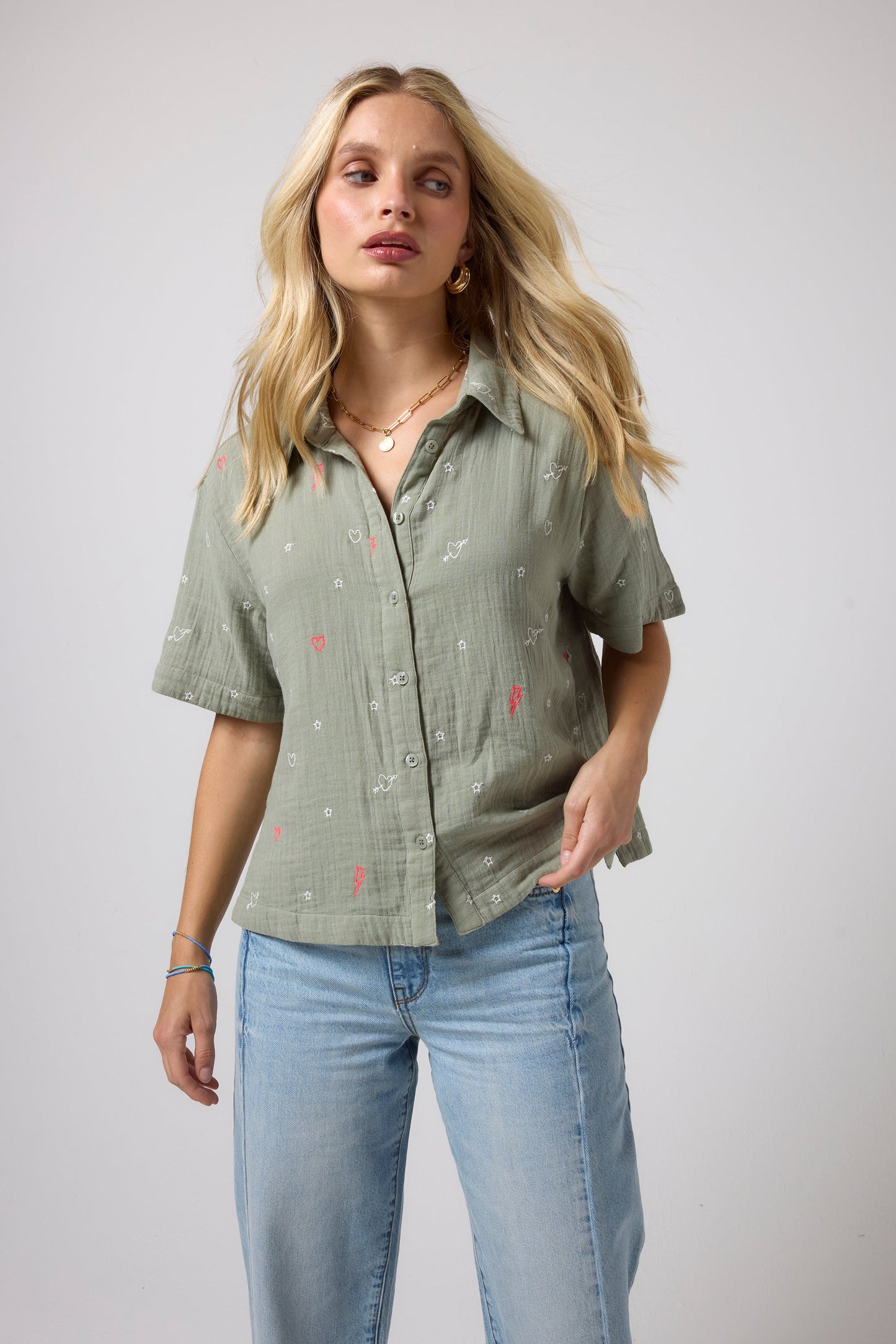 Khaki Cheesecloth Embroidered Shirt