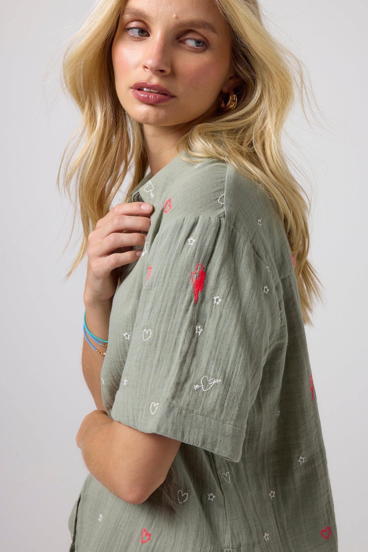 Khaki Cheesecloth Embroidered Shirt