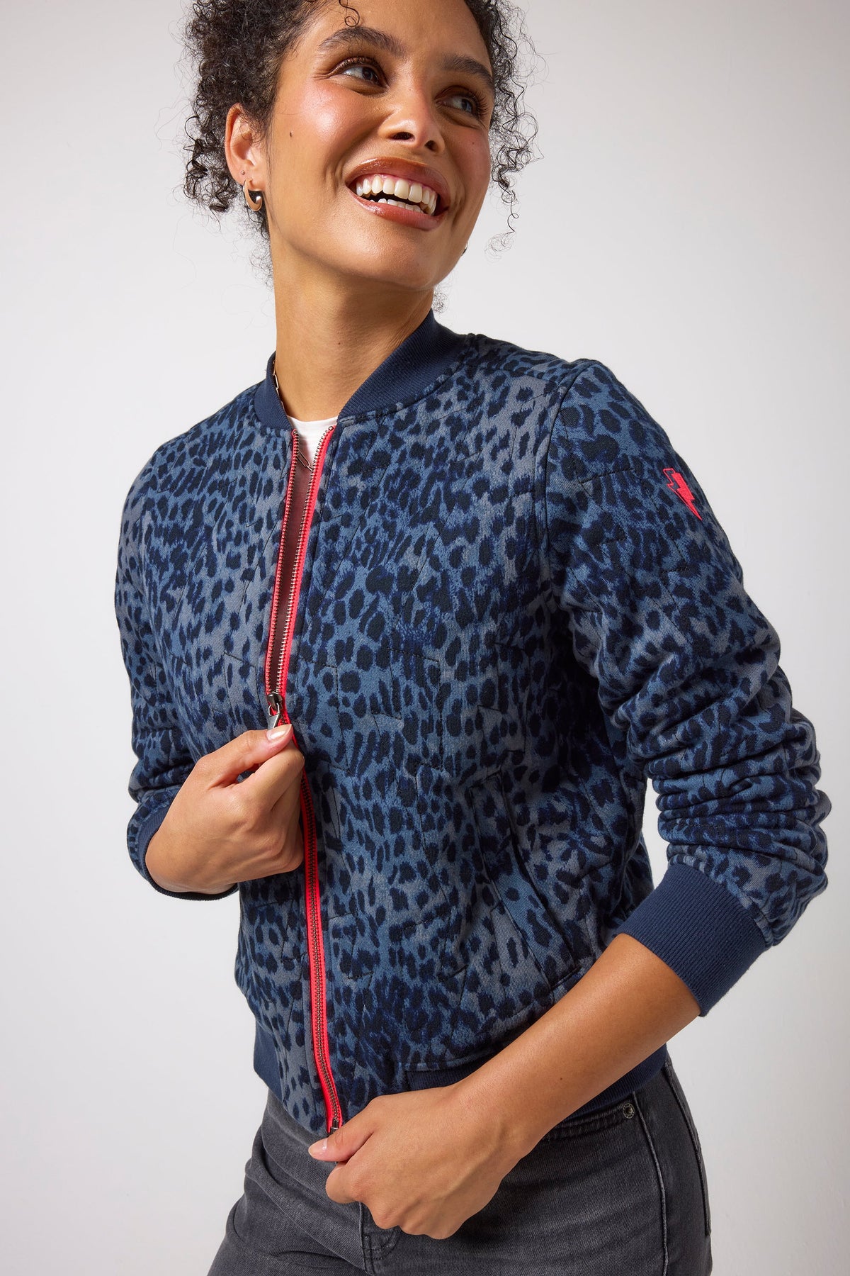 Navy Cheetah Fitted Quilted Bomber Jacket