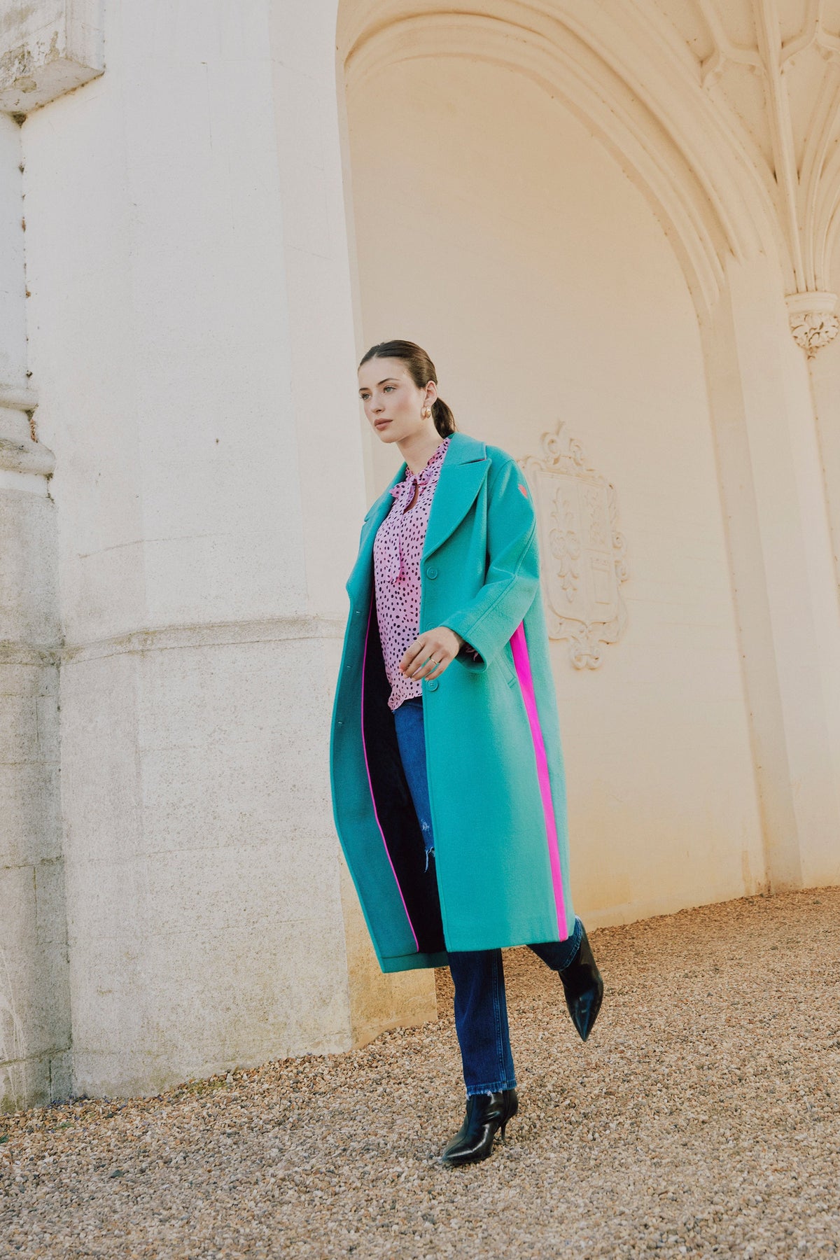 Green with Neon Pink Wool Blend Coat