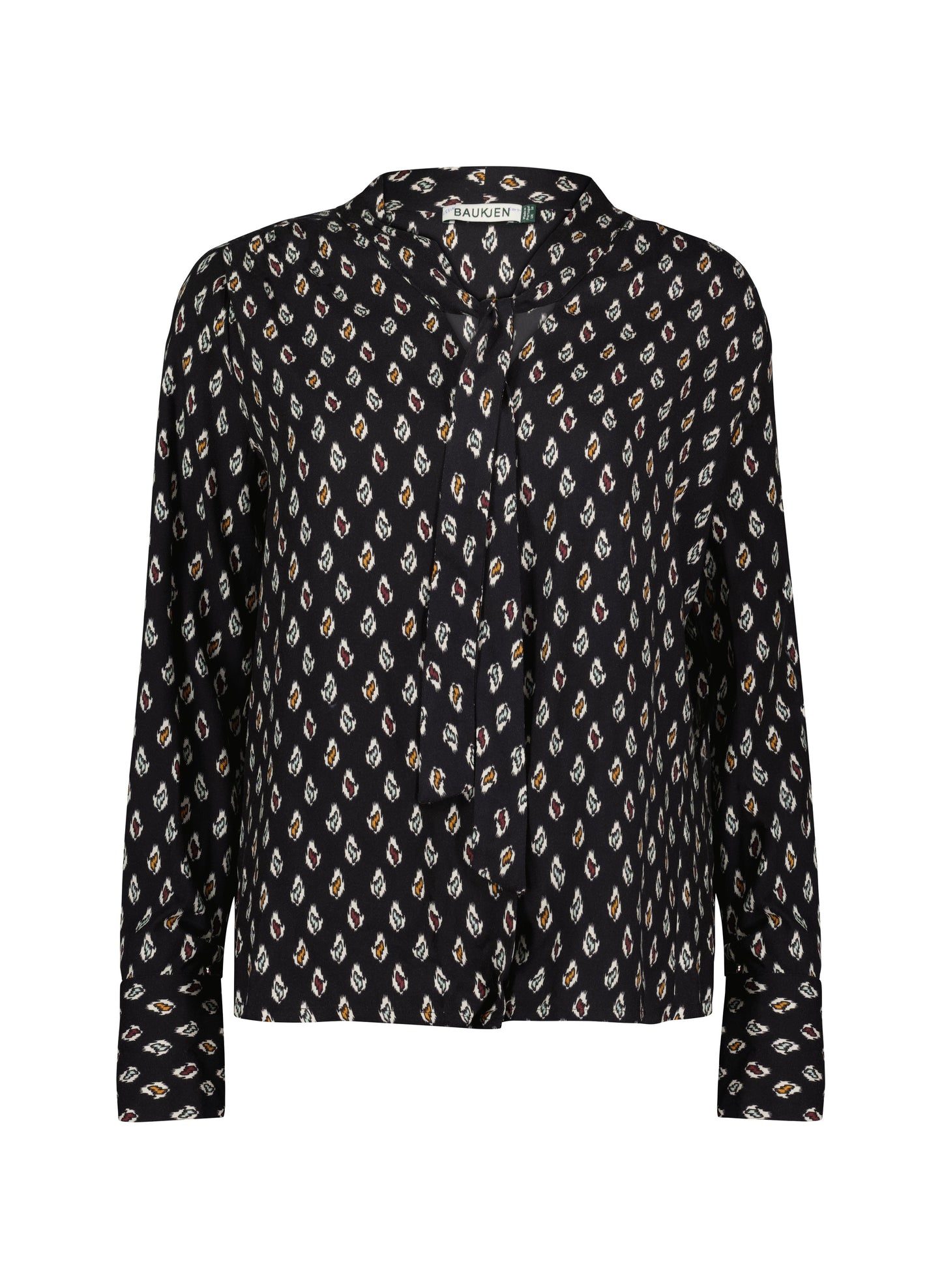 Effie Printed Tie Neck Blouse Black Ikat Geo