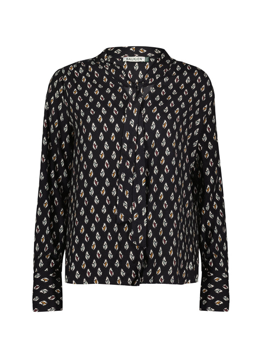 Effie Printed Tie Neck Blouse Black Ikat Geo