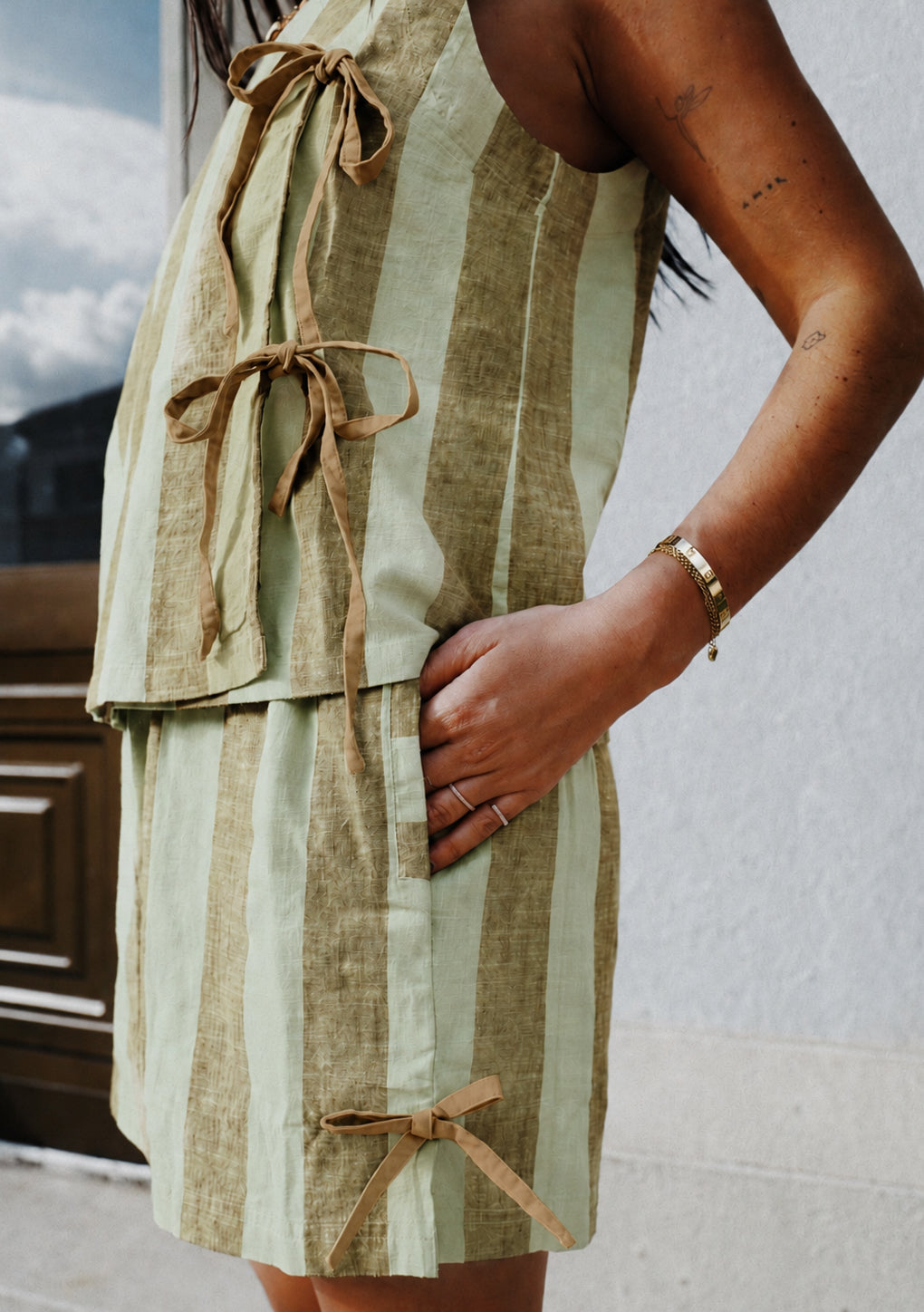 Cotton Tie Shorts - Green Stripe