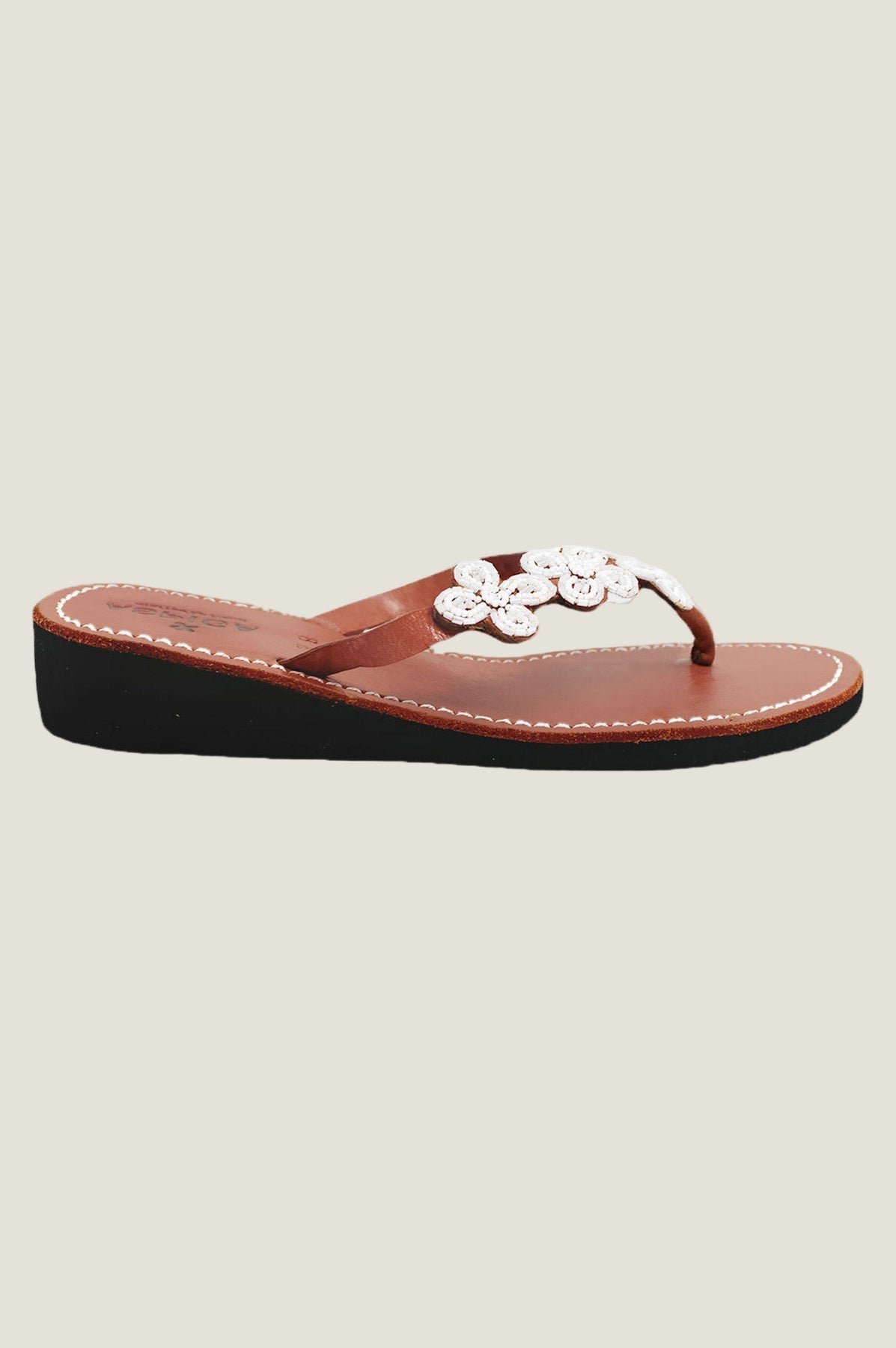 Kenyan Beaded Tatu Sandals - Leather/White Glass Bead