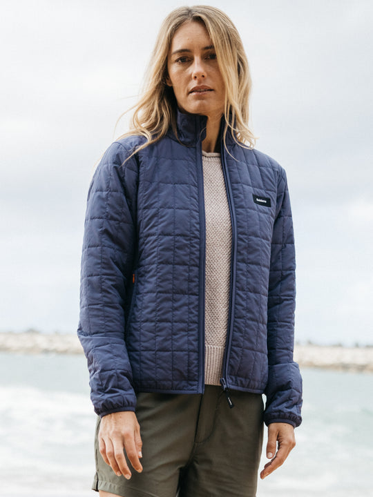 Cool blue quilted jacket.