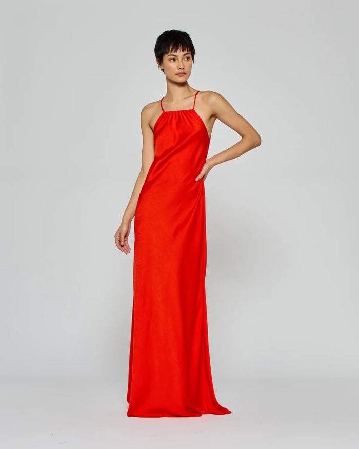 Gathered Neck Bias Dress - Red