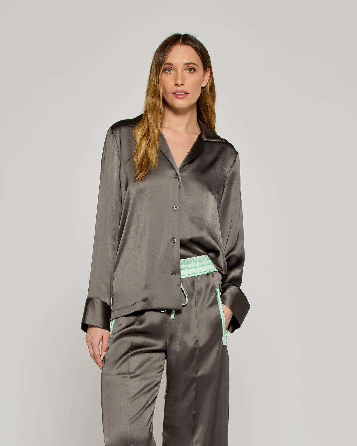 Satin Revere Collar Shirt - Charcoal