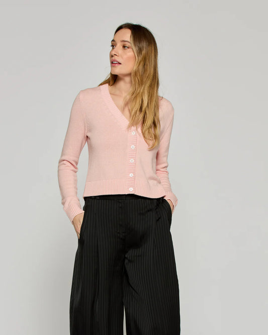 V-neck Semi Cropped Cardigan - Light Pink