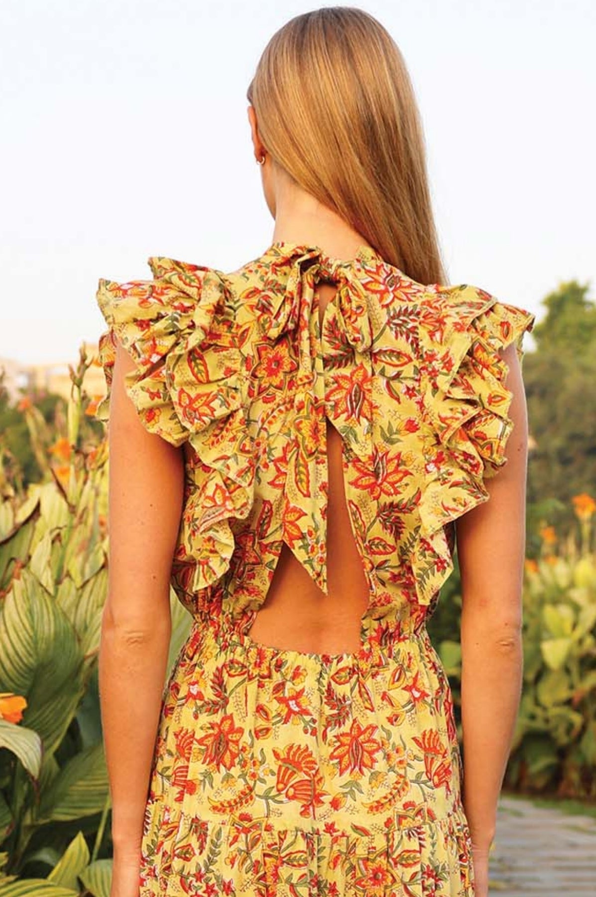 Rose Frill Maxi Backless Dress - Green/Orange