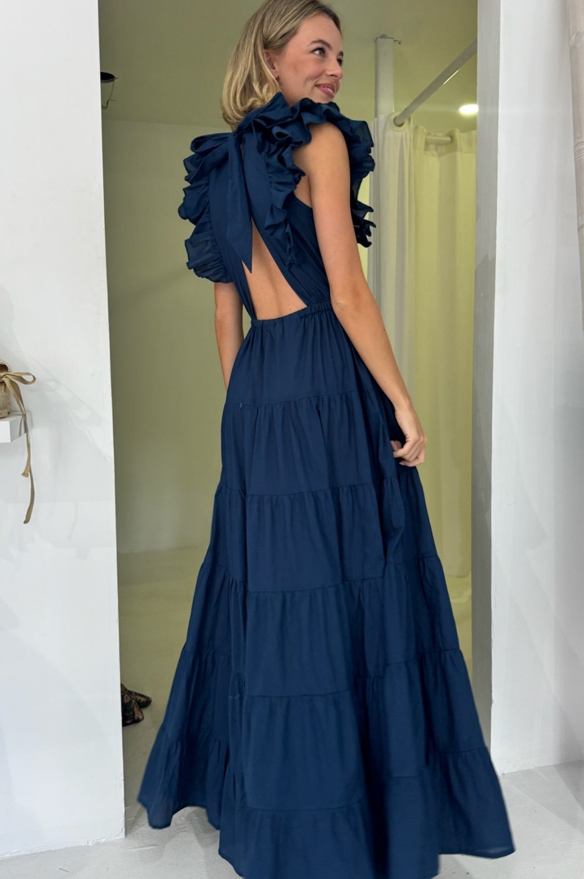 Rose Frill Plain Maxi Dress - Navy