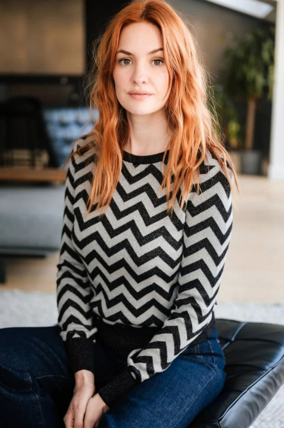 Rowena Jumper - Black/Silver, Chevron Stripes
