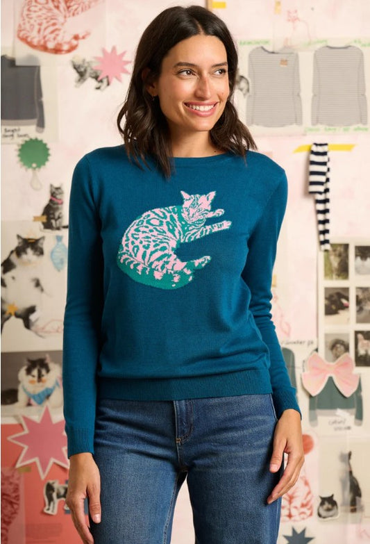 Rowena Jumper - Teal, Sunbathing Kitty Cat