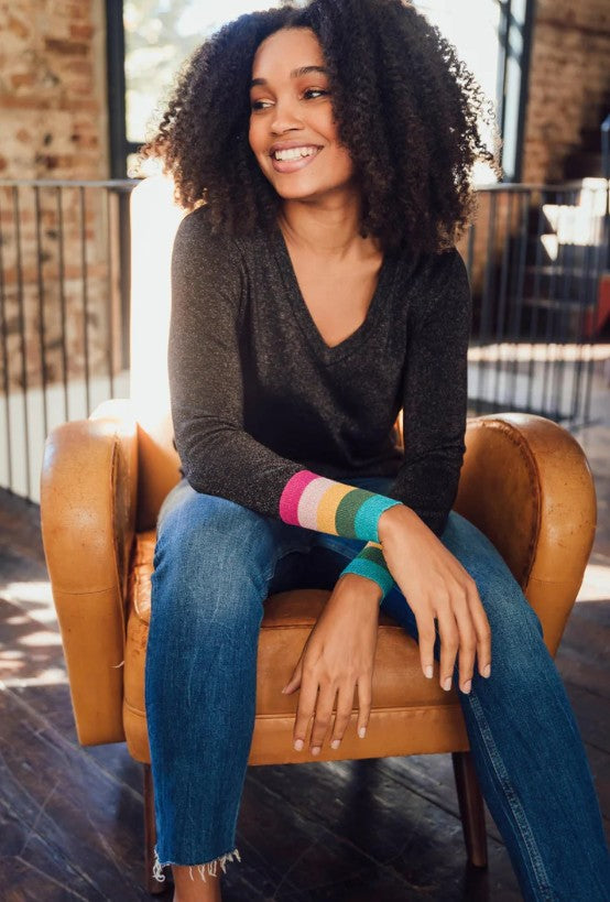 Marcella V-Neck Jumper - Black, Sparkle Cuffs