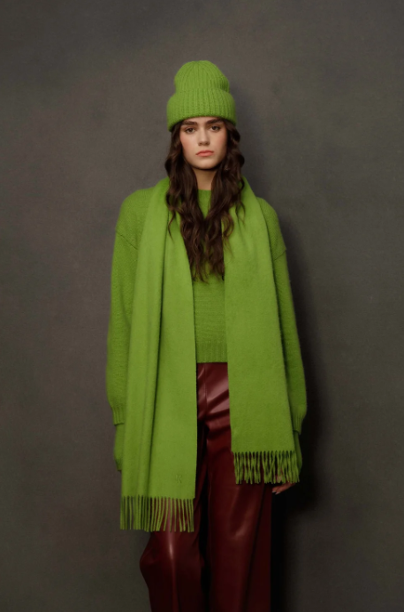 A model wearing a bright lime green knit beanie, matching knit sweater, fringed scarf, and dark red leather pants, standing against a dark gray studio background.