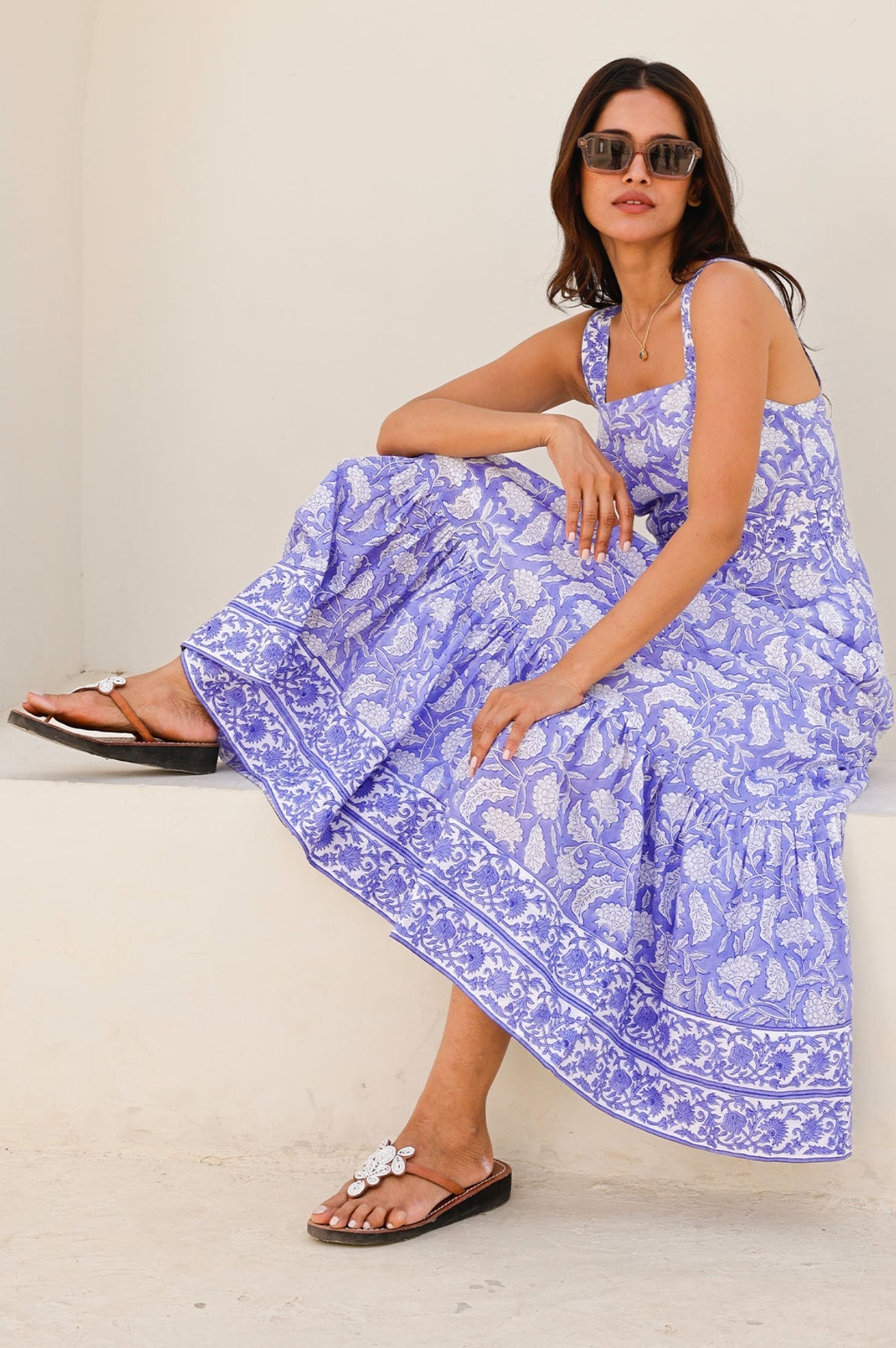 Aurelia Organic Cotton Block Print Dress - Iris Blue/White