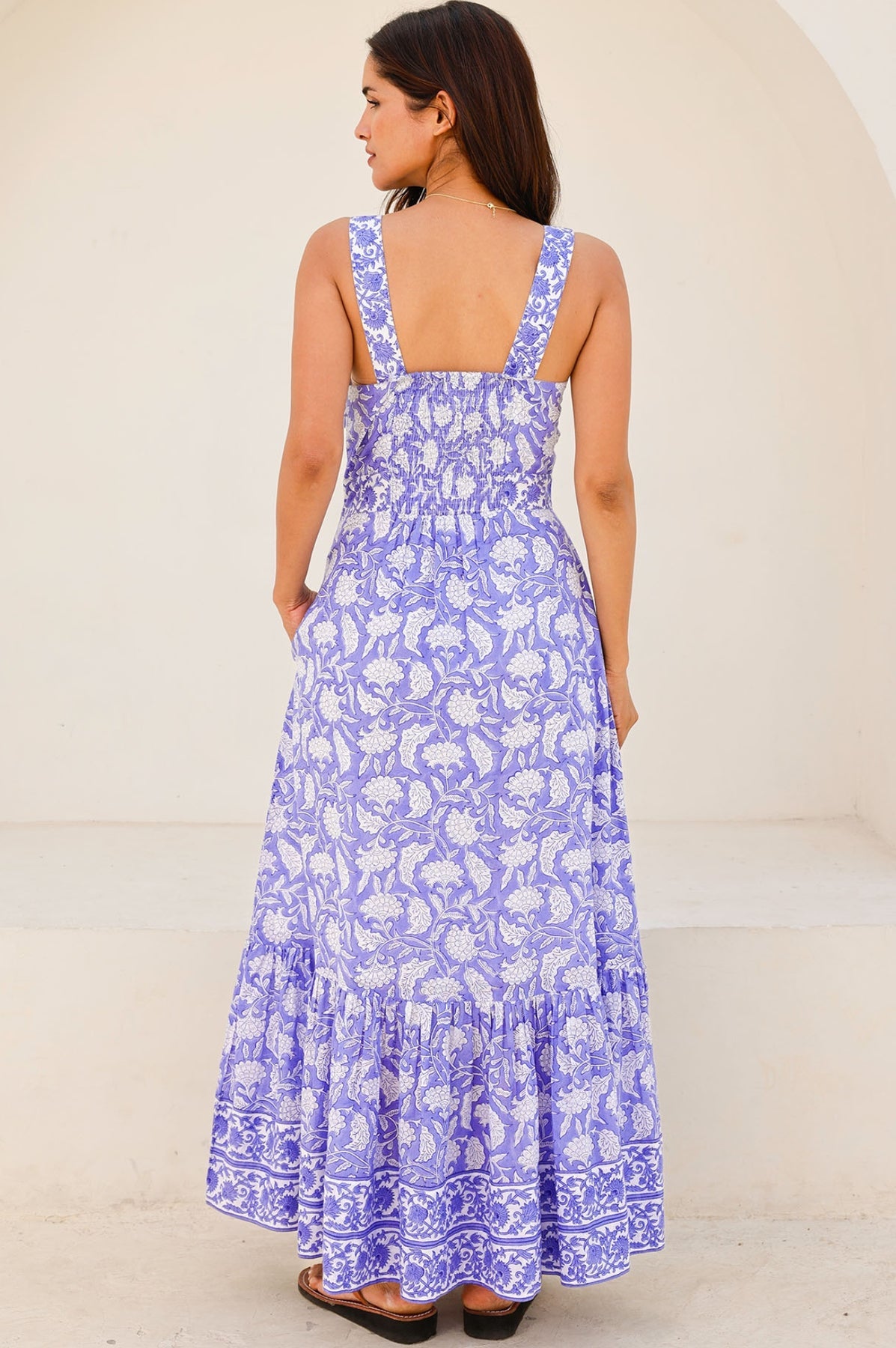 Aurelia Organic Cotton Block Print Dress - Iris Blue/White