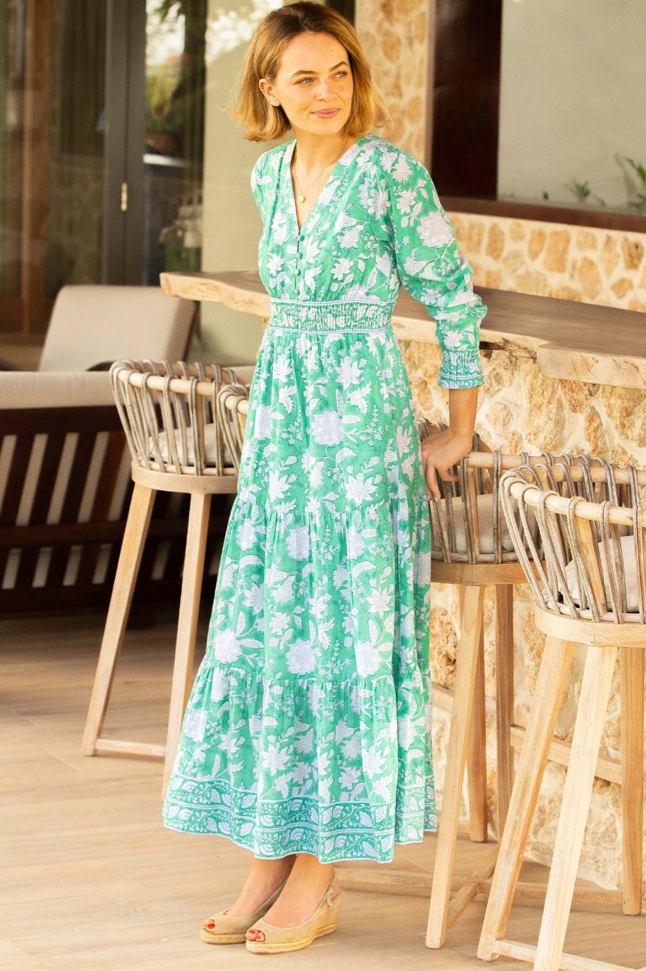 Sustainable Billie Block Print Organic Cotton Summer Wedding Guest Evening Dress Floral Printed Green Blue