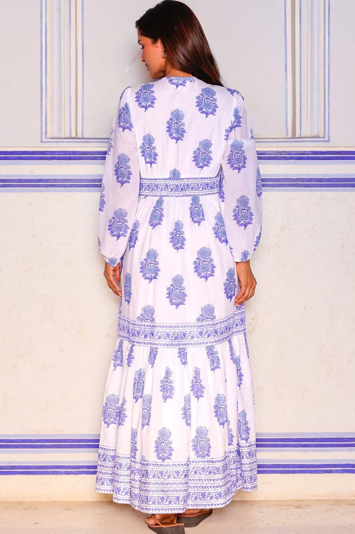 Pippa Long Sleeve Block Print Cotton Summer Dress - Floral Printed Blue/White