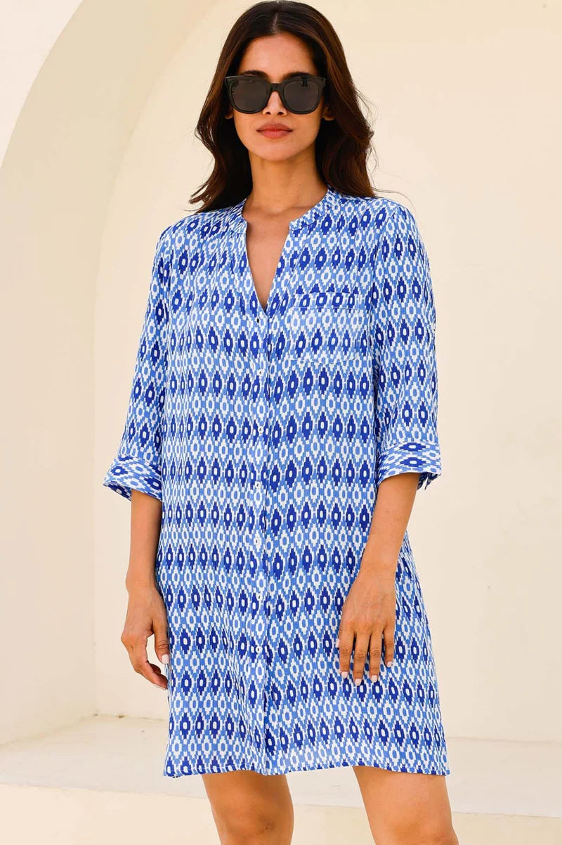 Mila Shirt Tunic - Aztec Blue and White
