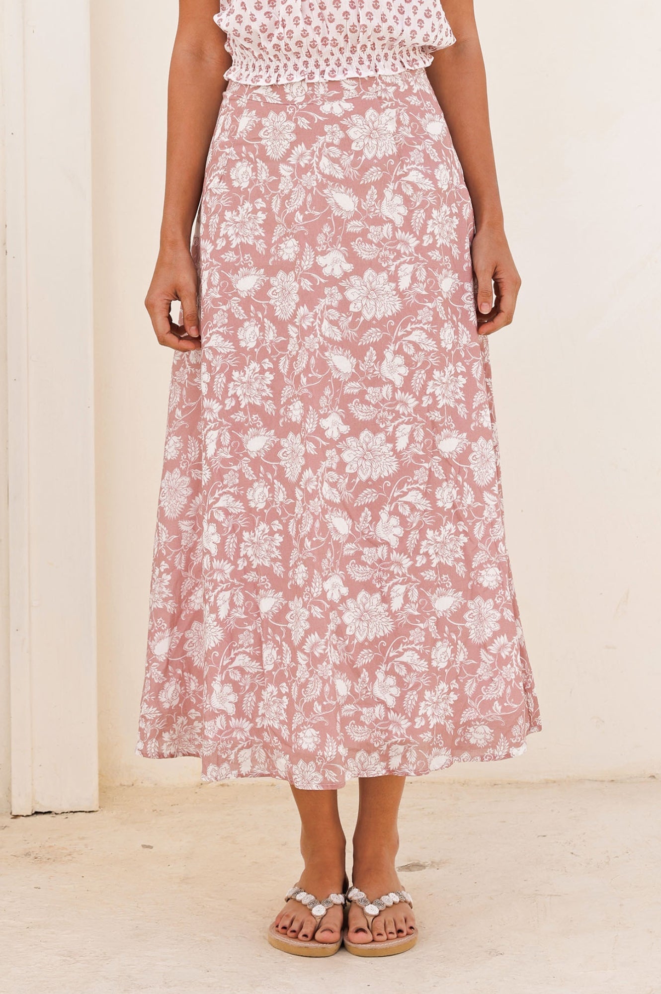 Organic cotton dusty pink floral midi skirt.