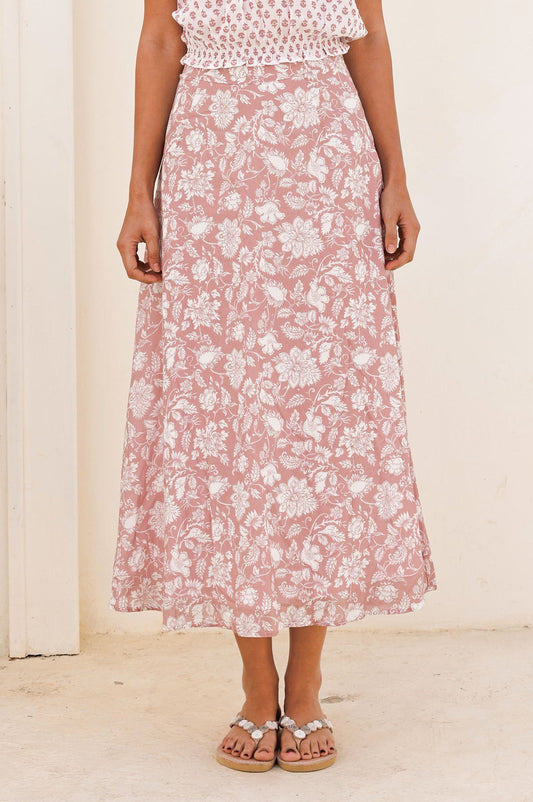 Organic cotton dusty pink floral midi skirt.