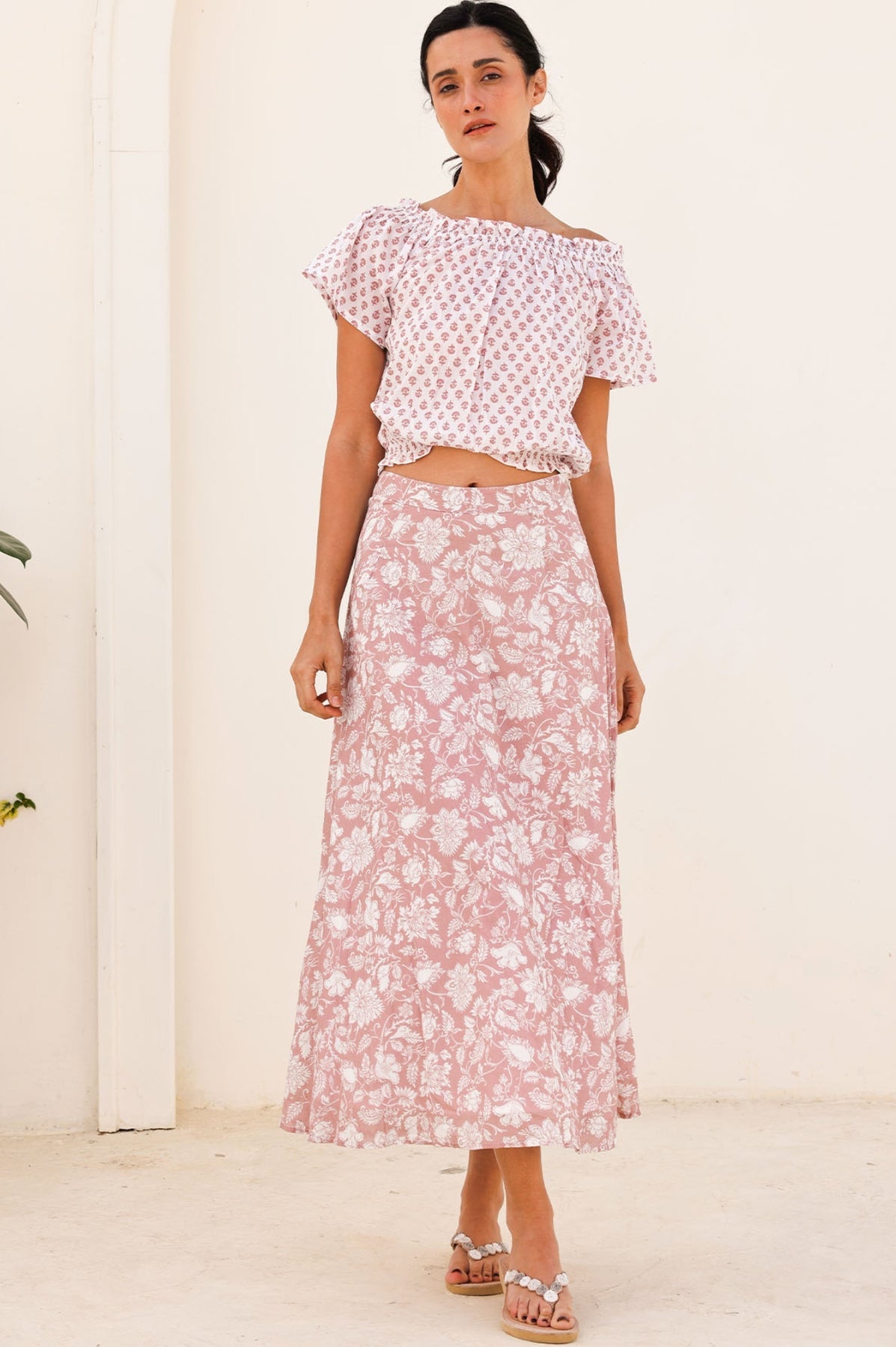 Neve Organic Cotton Skirt - Blossom Dusty Pink/White