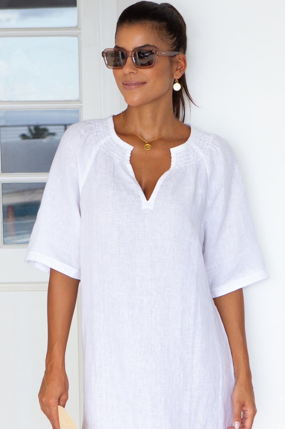 Paxos Linen Short Sleeve Dress - White