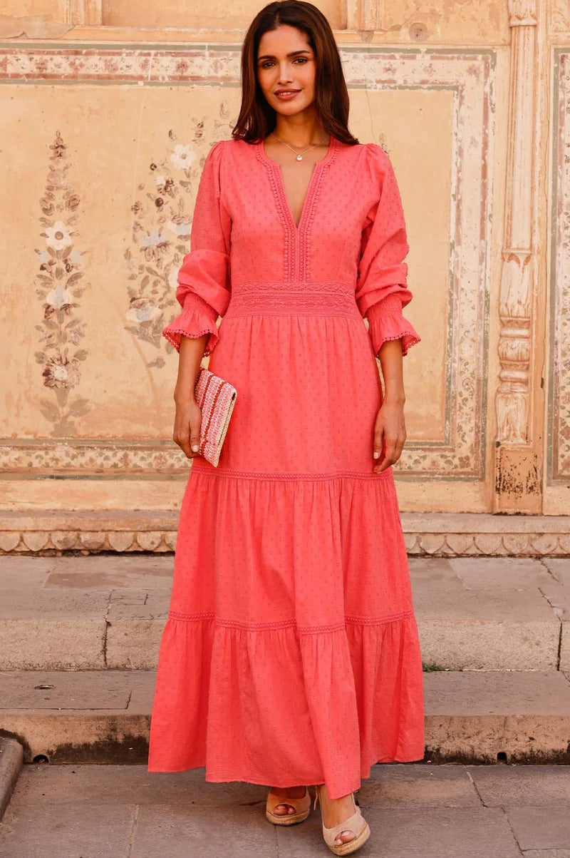 Purdie Organic Cotton Dobby Dress - Coral