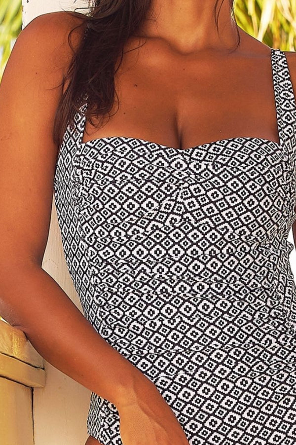 Recycled Nylon Ruched Swimsuit - Aztec Pattern Black/White
