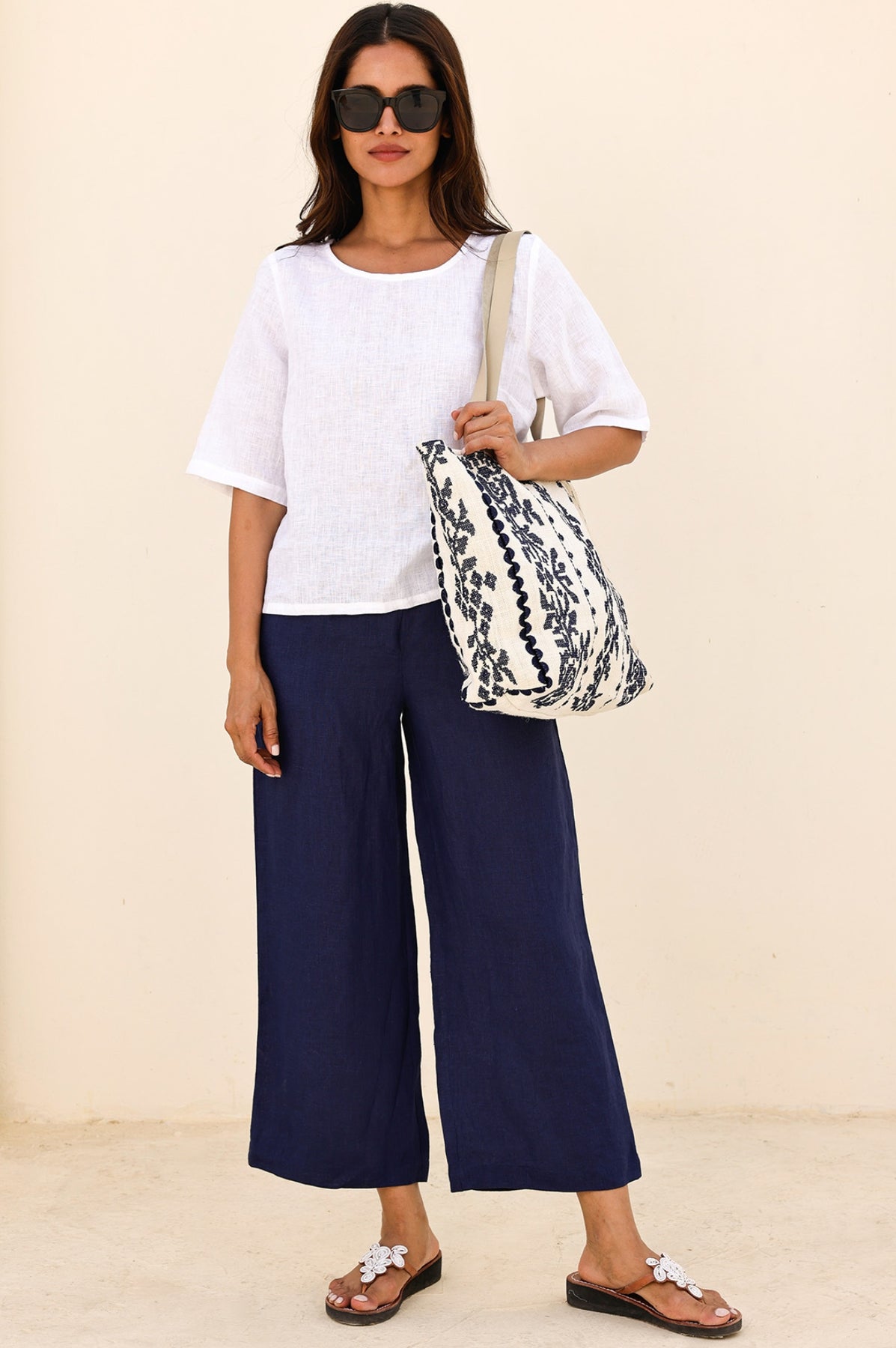 Wide Leg Linen Cropped Trousers - Navy