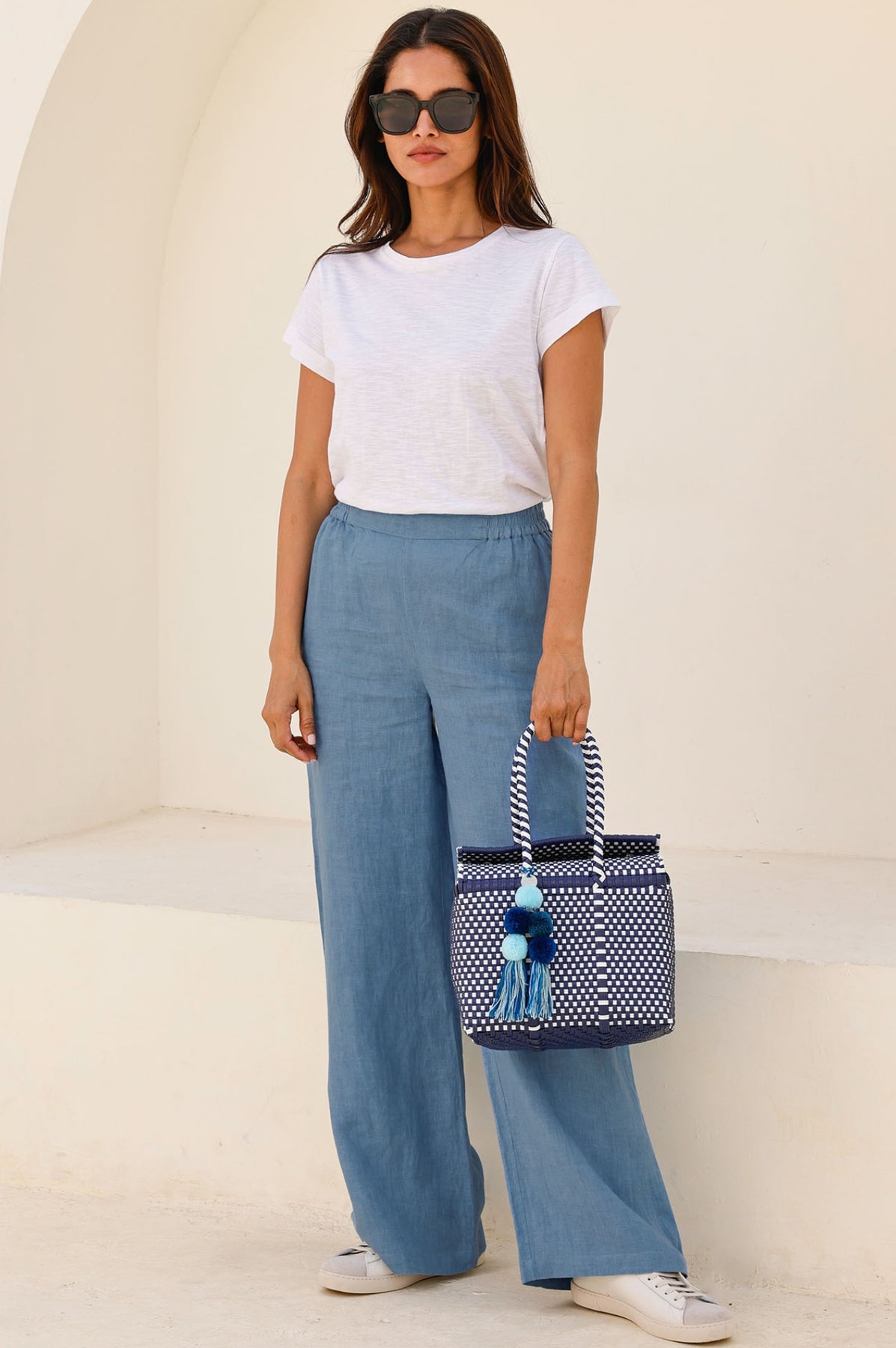 Wide Leg Linen Trousers - Blue/Grey