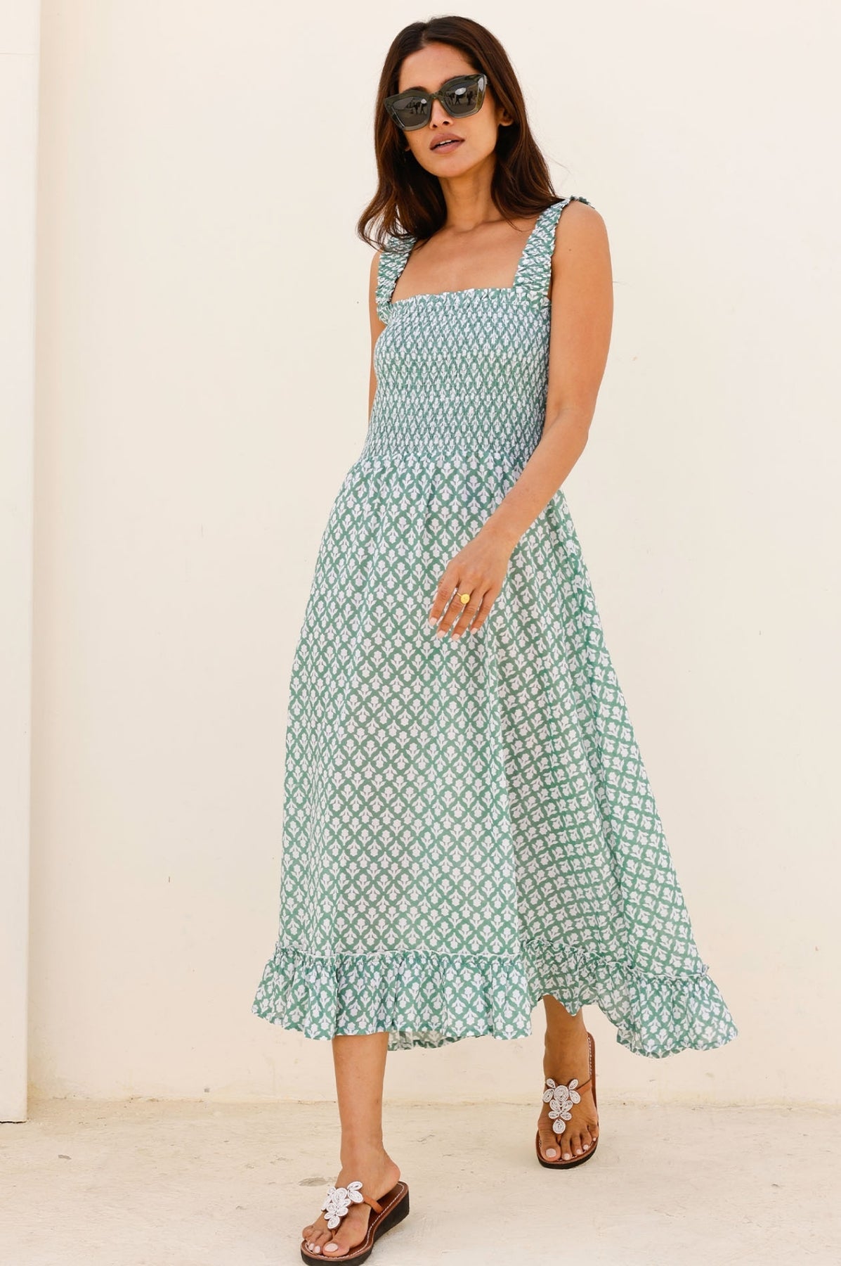 Rhianna Organic Cotton Dress - Sage/White