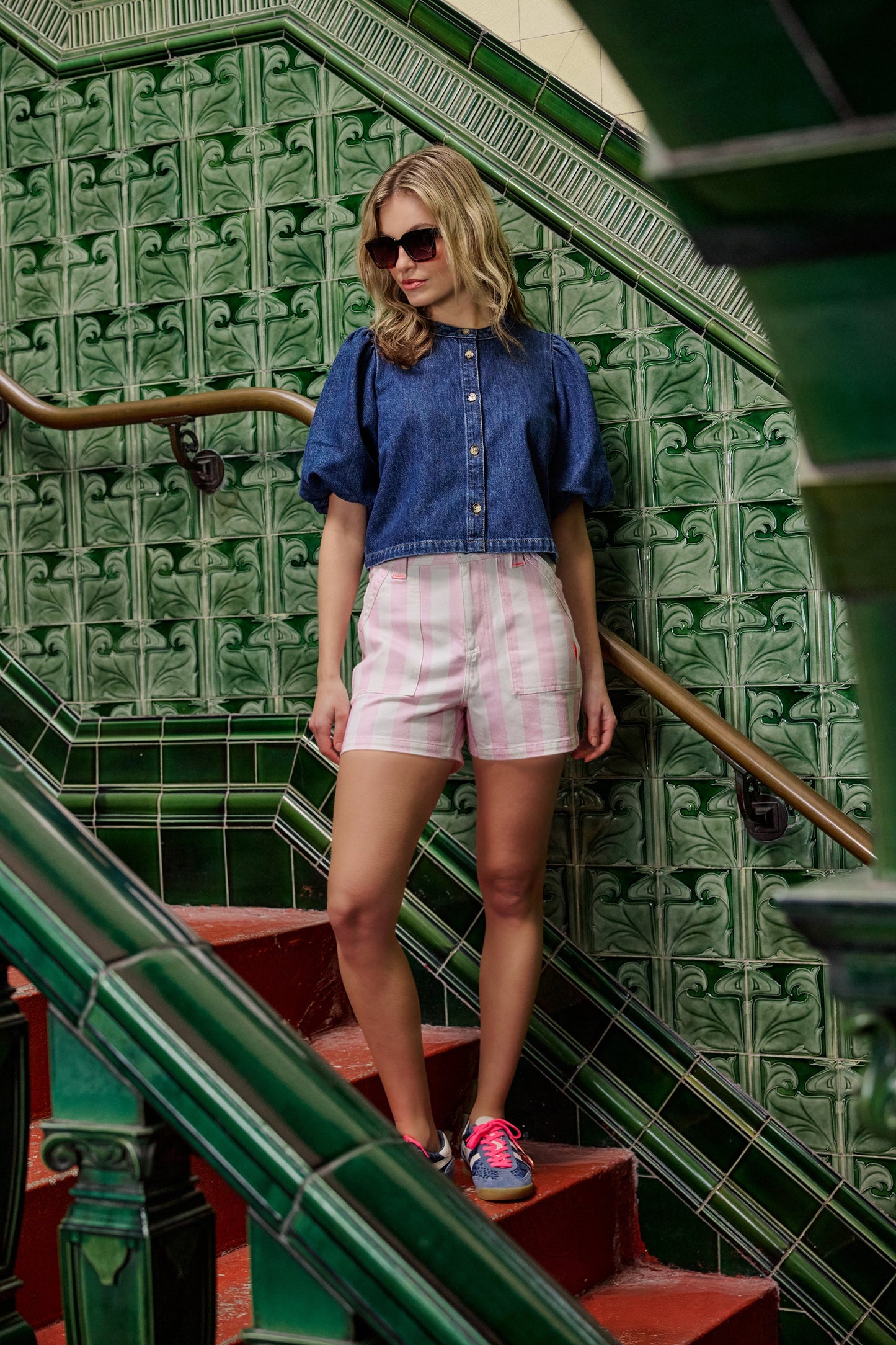 Pink and white candy stripe cotton shorts.
