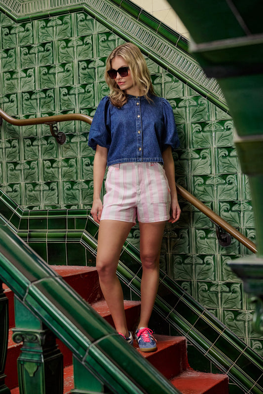 Pink and white candy stripe cotton shorts.