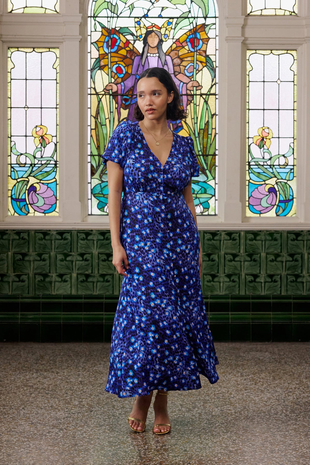 Navy floral animal print tea dress.