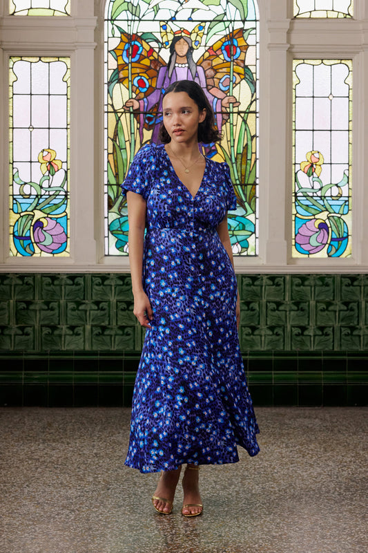 Navy floral animal print tea dress.