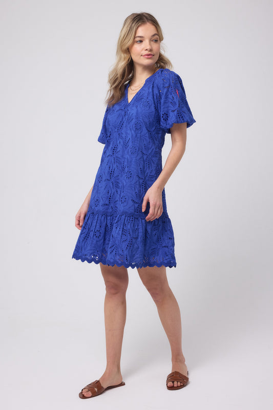 Blue V-Neck Broderie Short Dress