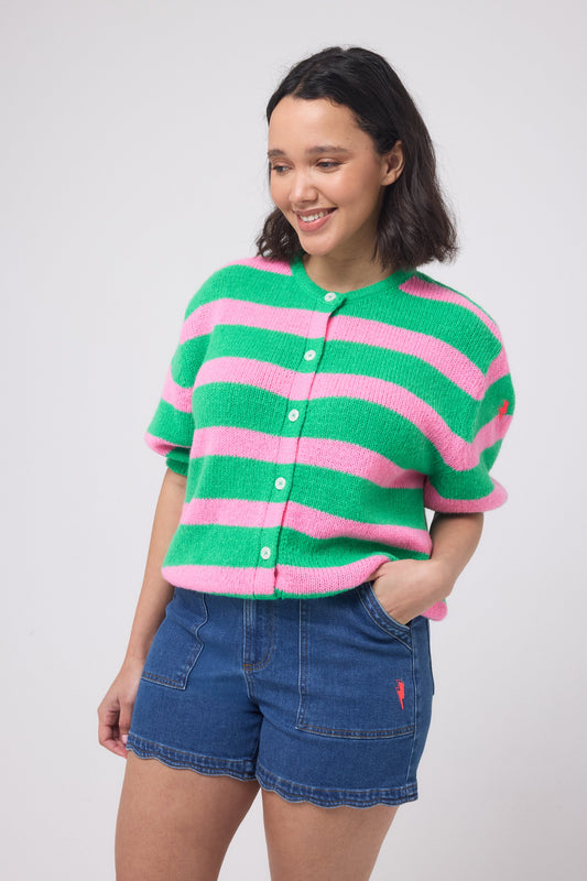Bright green and pink striped short sleeved crew neck cardigan.
