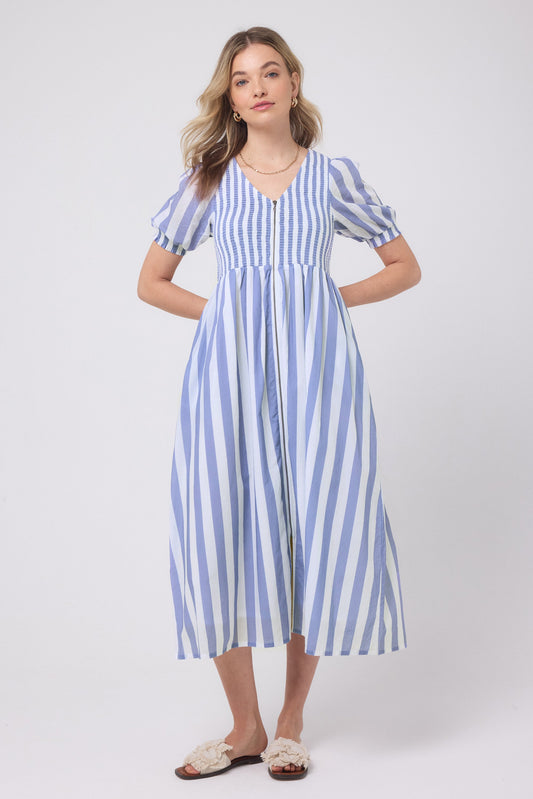 Soft blue and white striped midi dress with shirred bodice.