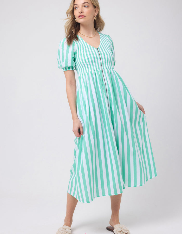 Green with White Stripe Shirred Zip Detail Midi Dress