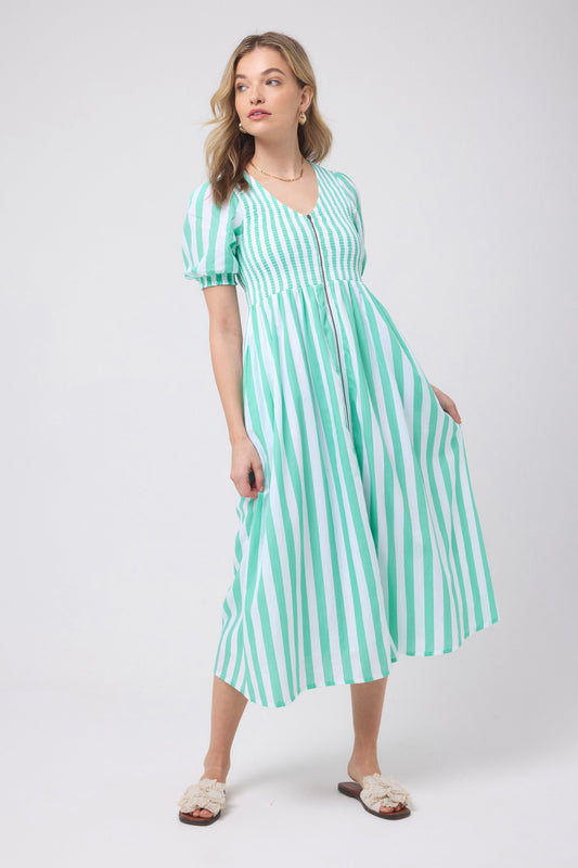 Mint green and white striped midi dress with shirred bodice.
