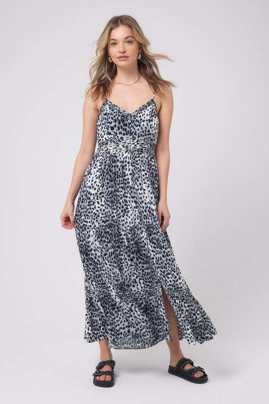 Grey and black animal print midi dress.
