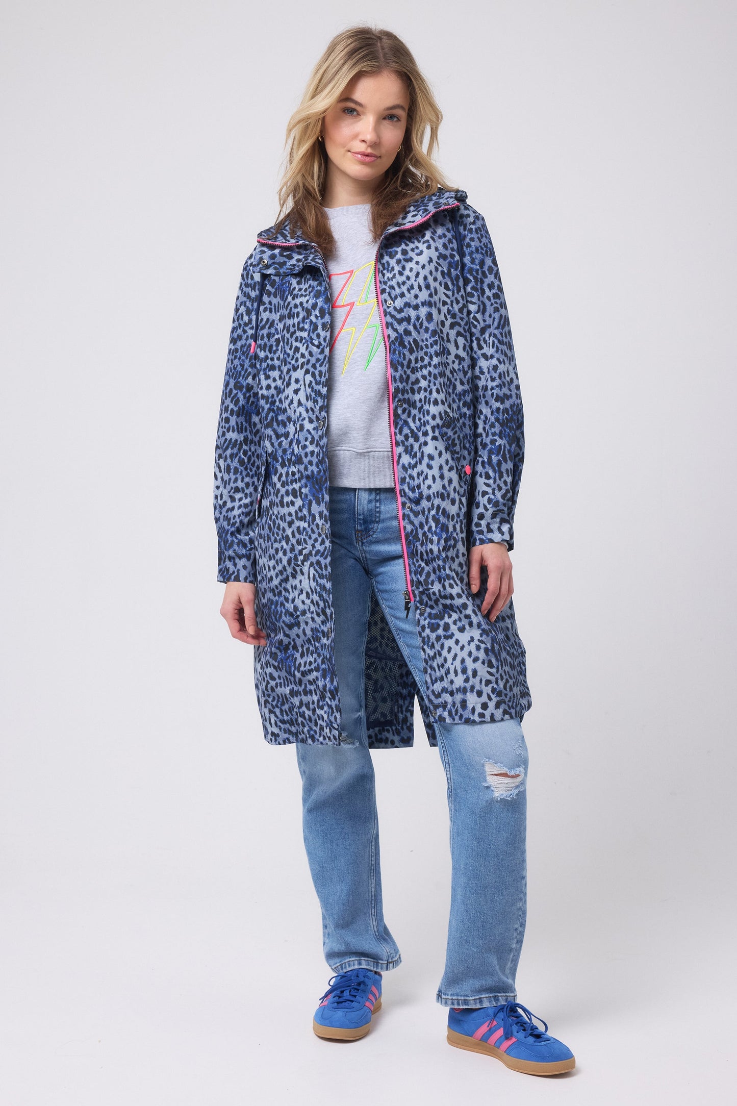 Navy blue animal print raincoat.