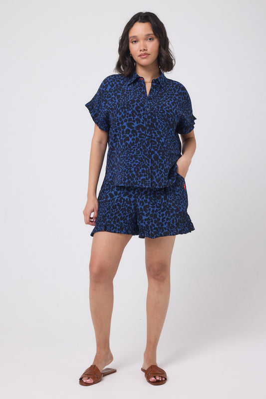 Navy leopard print short sleeve shirt.