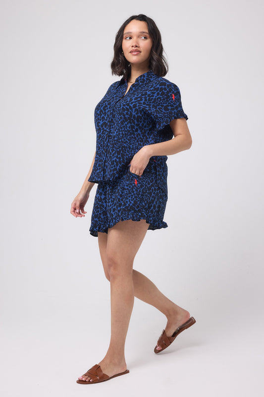 Navy leopard print shorts.