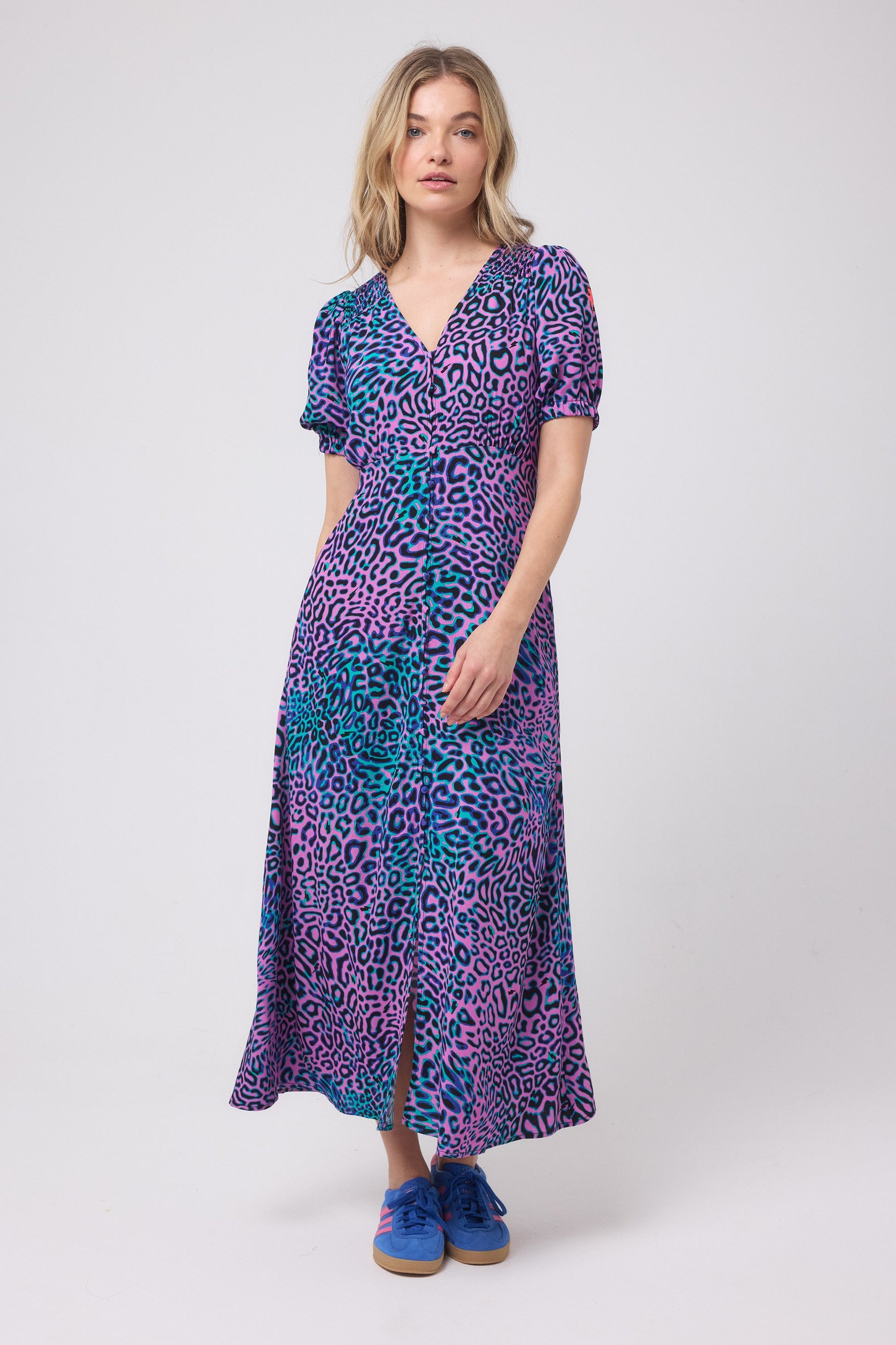 Pink and green leopard print tea dress.